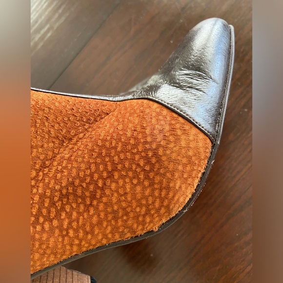 Suede & Leather Color block Stacked Heel Booties Brown Sz 8 $295 - Picture 12 of 15